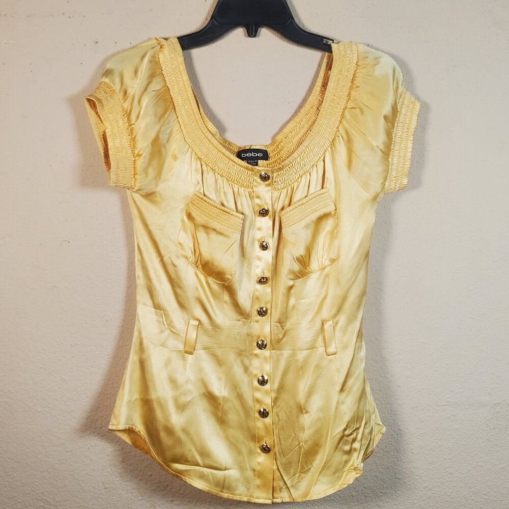 Bebe Gold Satin Button-Down Blouse XS Smocked Puff Sleeve Y2K Glam